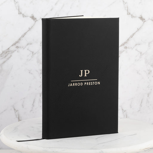 Personalised black leatherette notebook with gold engraving