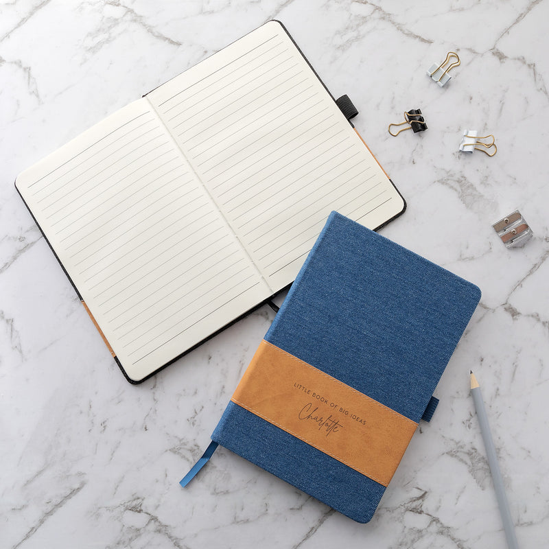 Custom engraved denim-look notebook with elastic closure and ribbon