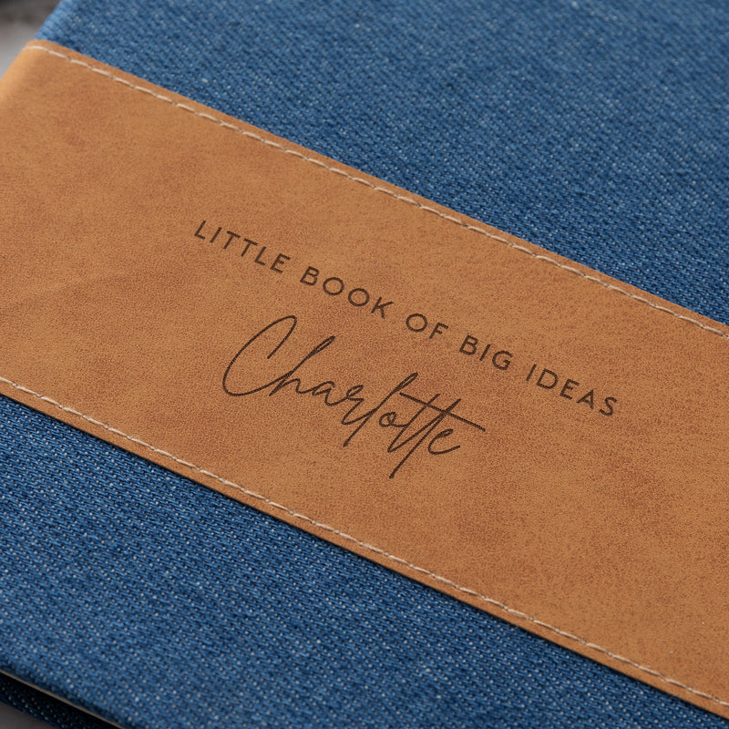 Blue denim notebook with personalised front design for gifting