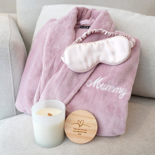 Personalised pamper value pack with embroidered bathrobe and candle