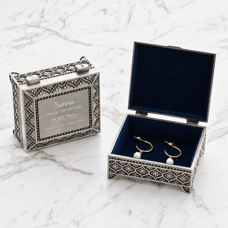 Personalised pewter jewellery box engraved with name and milestone birthday message