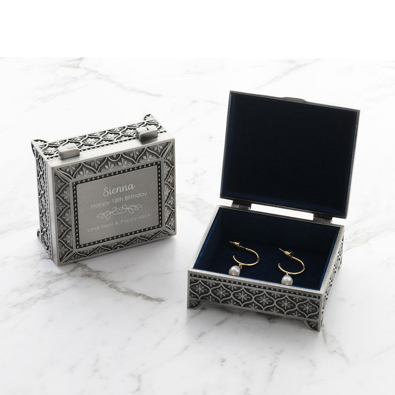 Personalised pewter jewellery box engraved with name, birthday milestone and date