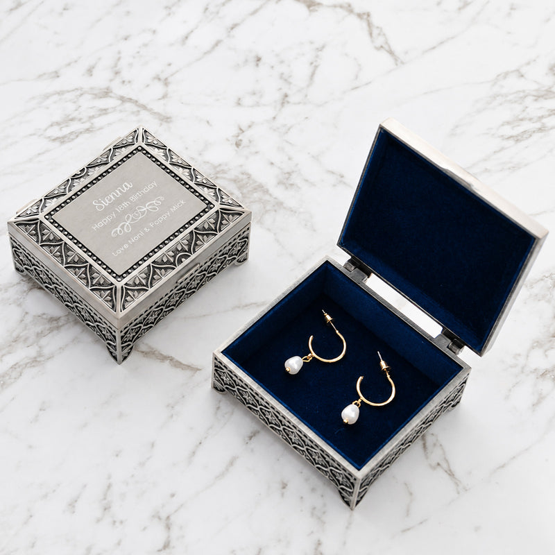Engraved birthday jewellery box with burnished pewter finish and soft velvet lining