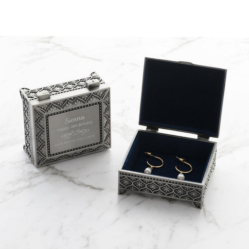 Personalised pewter jewellery box engraved with name, birthday milestone and date