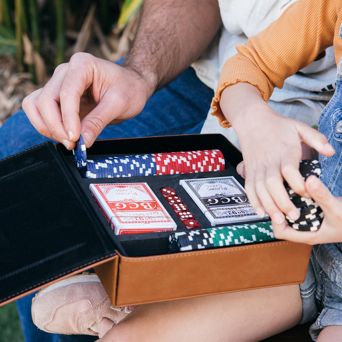Leatherette poker set with cards, dice, chips and custom engraving