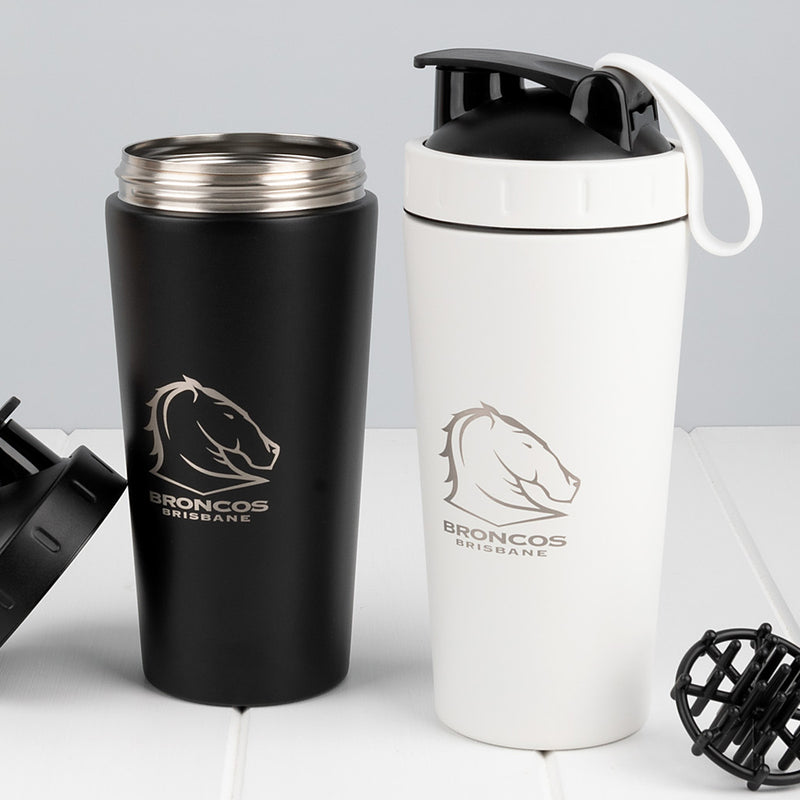 Custom 750ml protein shaker bottle in matte black or white with engraved branding