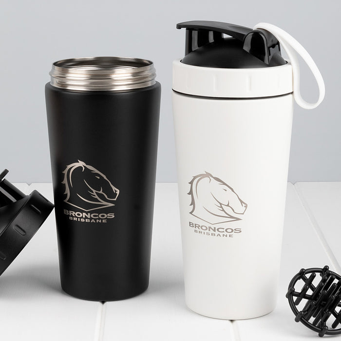 Custom 750ml protein shaker bottle in matte black or white with engraved branding