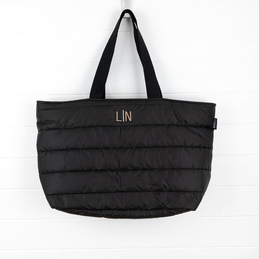 Personalised black puffer tote bag with embroidered name or initials