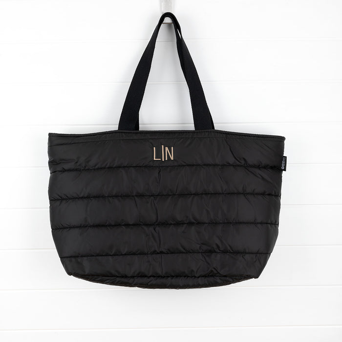 Personalised black puffer tote bag with embroidered name or initials