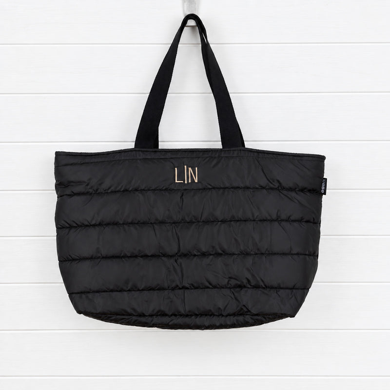 Personalised black puffer tote bag with embroidered name or initials