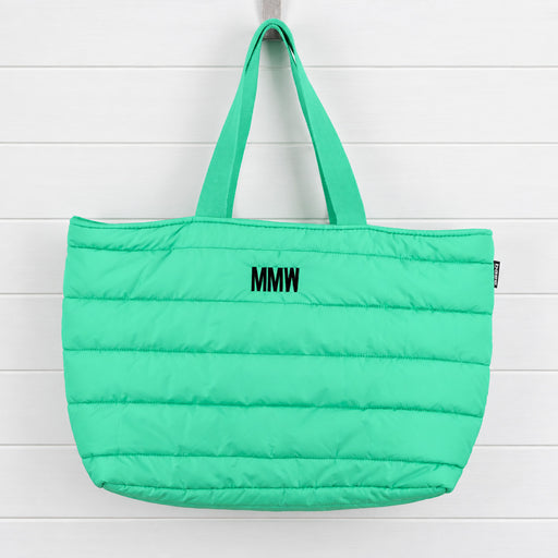 Mint green personalised puffer tote bag with custom embroidered initials