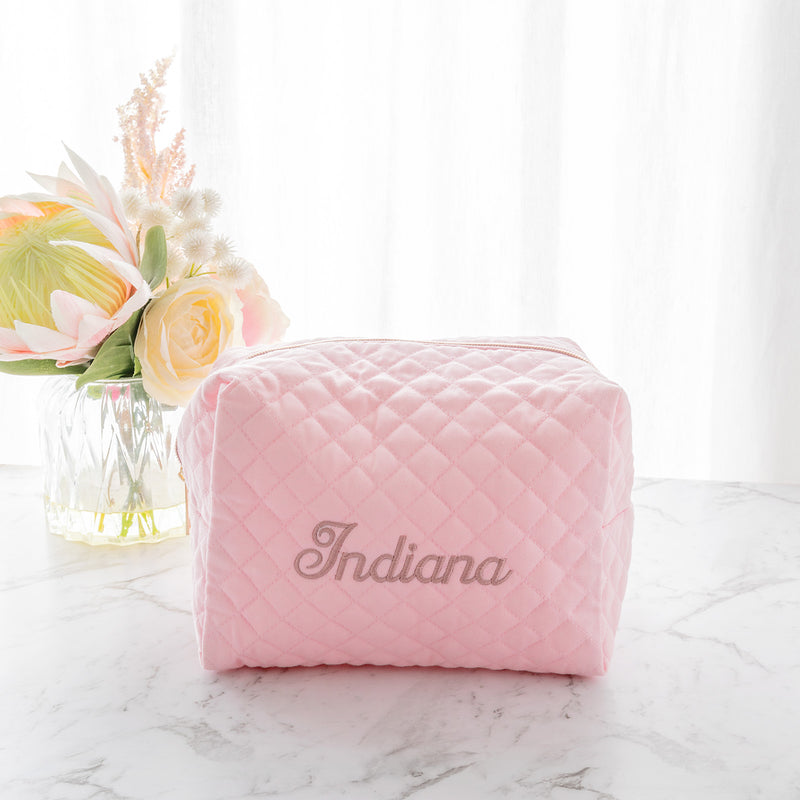 Embroidered name makeup bag with wipe-clean lining, stylish and practical travel accessory
