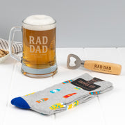 Custom Father's Day beer gift set featuring a laser engraved beer mug, personalised bottle opener and novelty beer socks.
