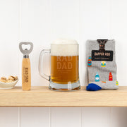 Rad Dad personalised beer hamper with children's names engraved on a beer mug and bottle opener, perfect for Father's Day.