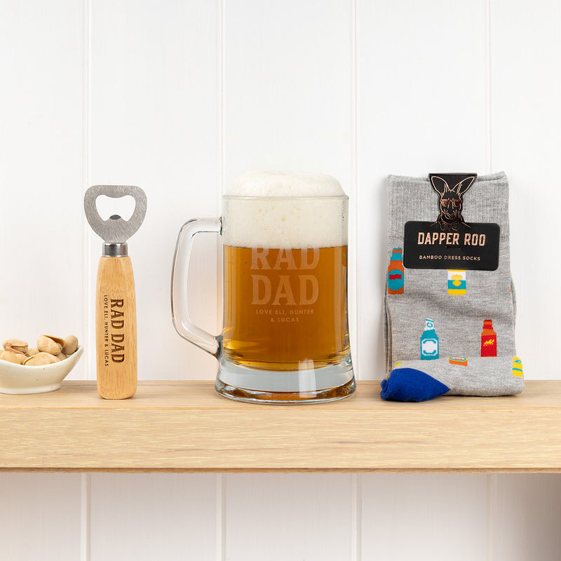 Rad Dad personalised beer hamper with children's names engraved on a beer mug and bottle opener, perfect for Father's Day.