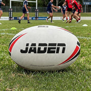 Personalised Steeden red and white rugby league ball with custom name