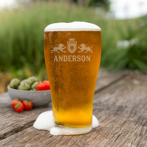 Personalised schooner beer glass engraved with family name and crest