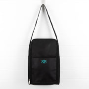 Black personalised shoe bag with teal embroidered initials and shoulder strap