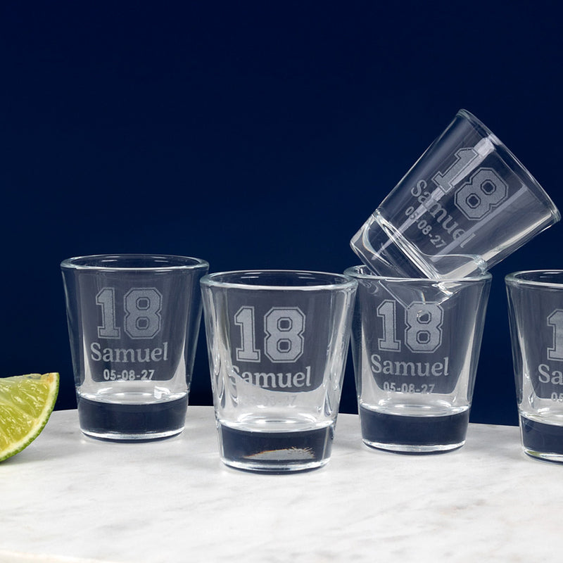 Custom 18th birthday keepsake shot glass with classic shape and engraved details.