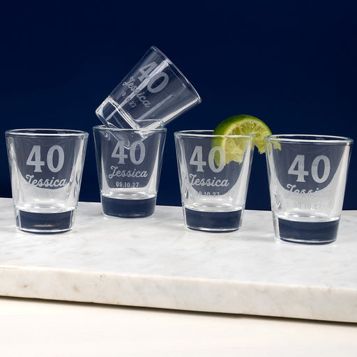 Custom 40th birthday shot glass in classic style, perfect for milestone celebrations.