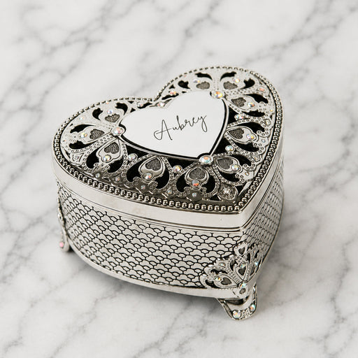 Personalised silver heart keepsake box with diamanté crystal details, black velvet lining and engraved name.