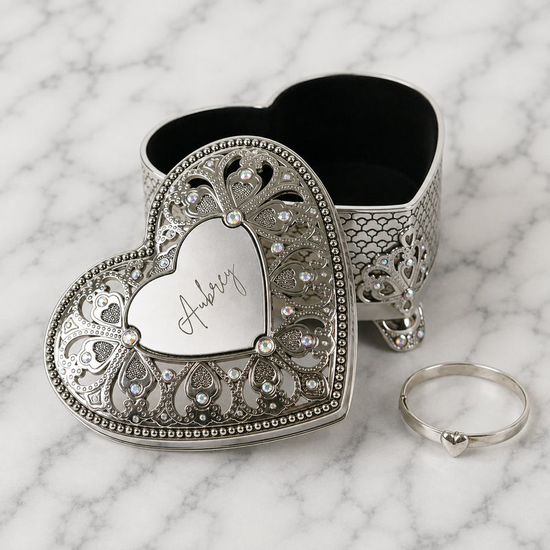 Personalised heart-shaped keepsake box with sparkling crystal details, a thoughtful bridesmaid, birthday or christening gift.