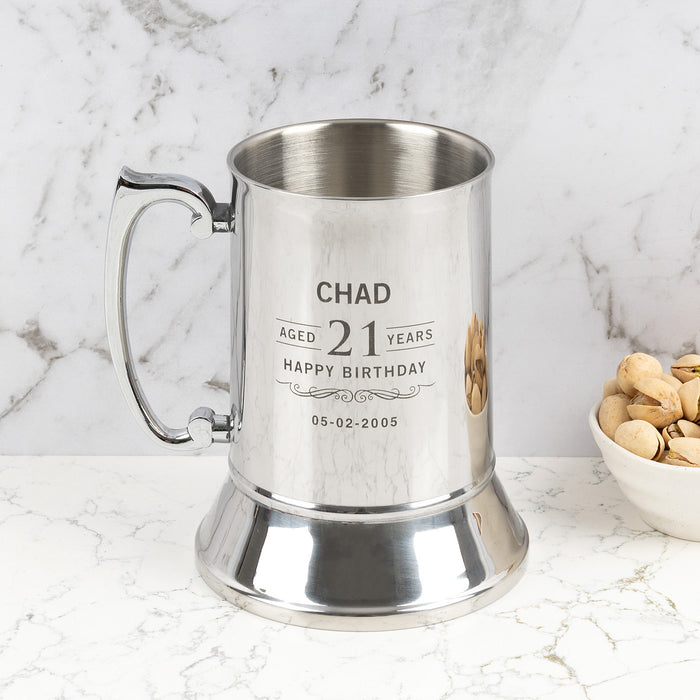 Personalised silver metal beer mug engraved for milestone birthday celebration