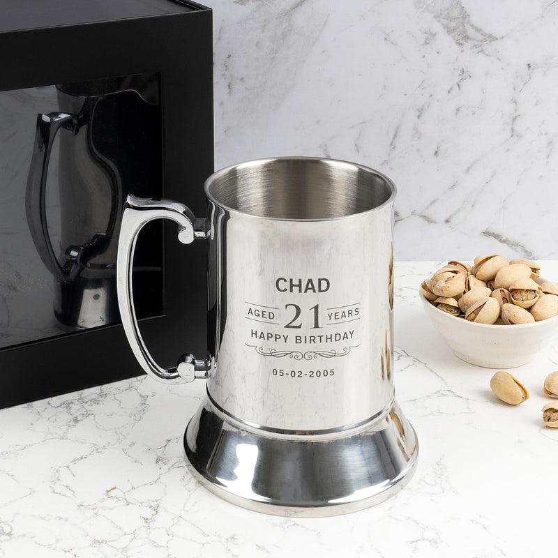 Custom stainless steel beer stein with engraved name and age for 18th or 21st birthday