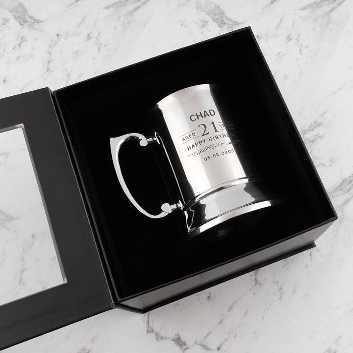 Personalised metal beer mug presented in a premium black gift box ready for birthday gifting