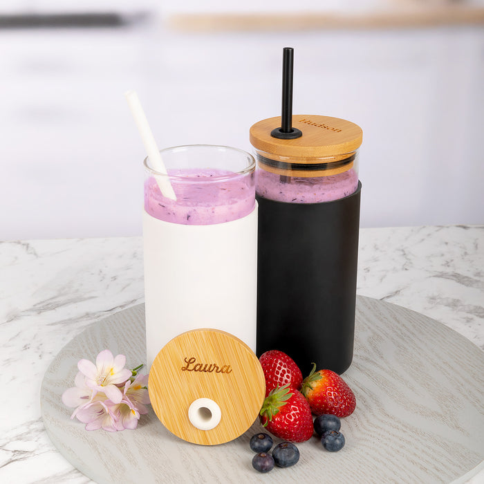 Personalised Engraved White and Black Bamboo Lid Smoothie Drink Bottle