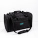 Black personalised duffle bag with teal embroidered initials on front pocket