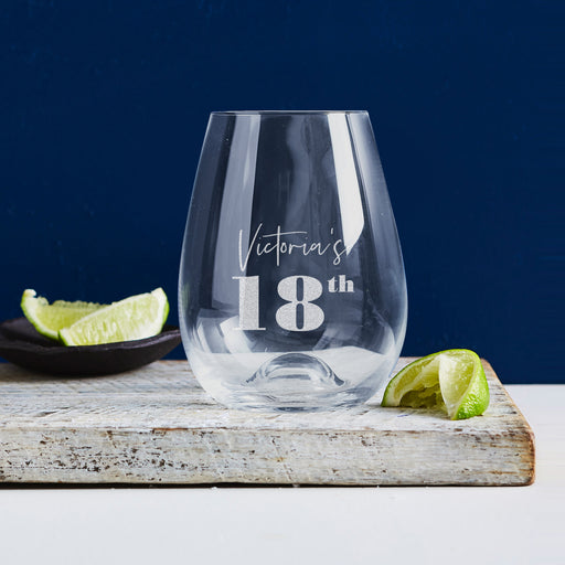 Personalised 460ml stemless wine glass engraved with '18th Birthday' – a unique gift