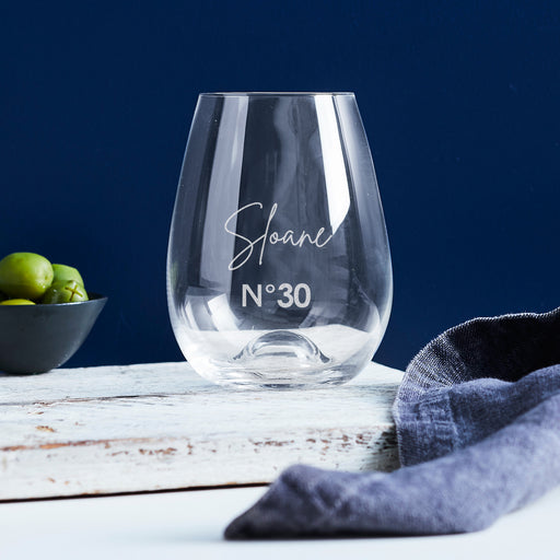 Unique 30th Birthday Gift – Personalised Stemless Wine Glass with Custom Engraving