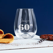 Personalised 60th birthday stemless wine glass with custom engraving