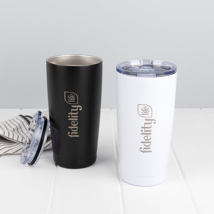 Personalised 590ml stainless steel travel mug with double wall insulation and logo