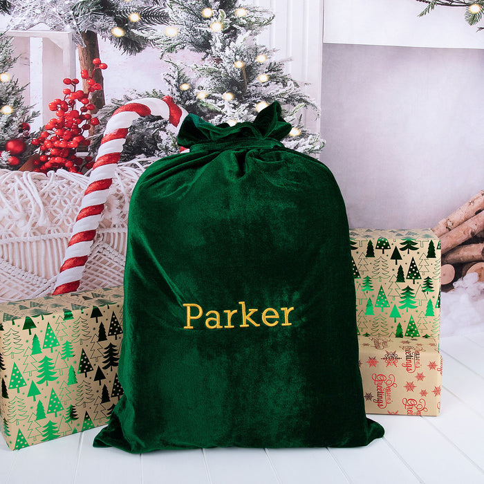 Customised Embroidered Gold Child's Name Green Velvet Santa Sack