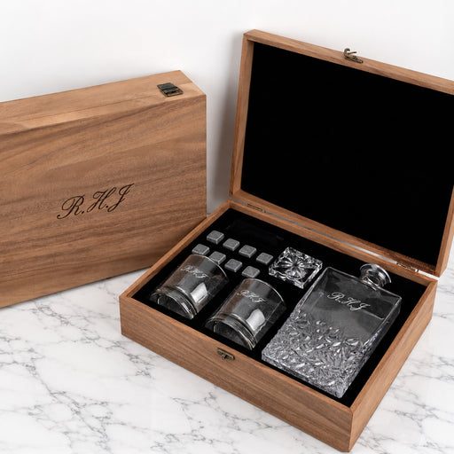 Personalised Father’s Day whiskey decanter set with engraved walnut gift box, two glasses and whiskey stones