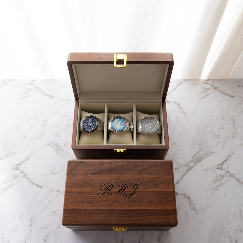 Luxury engraved watch box with secure gold clasp and plush velvet lining – perfect gift for him