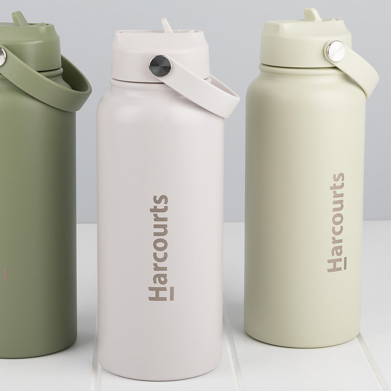 Personalised stainless steel 1L water bottle with engraved branding