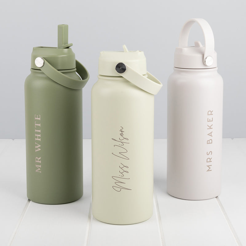Teacher Christmas gift water bottle in olive ivory or lime with carry handle