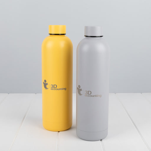 Custom 750ml stainless steel water bottle with engraved branding and leak proof lid