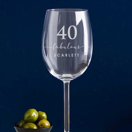 Custom engraved 40th birthday wine glass – unique and stylish gift idea for celebrating a special milestone.