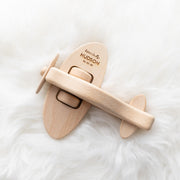 Engraved wooden plane with spinning propeller and rolling wheels keepsake gift in premium kraft gift box