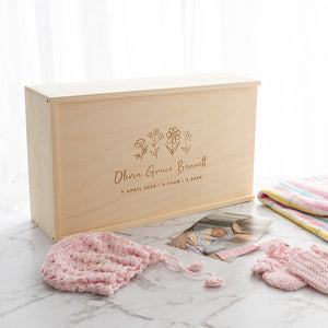Personalised baby birth keepsake box engraved on natural pine wood with sliding lid for newborn memories