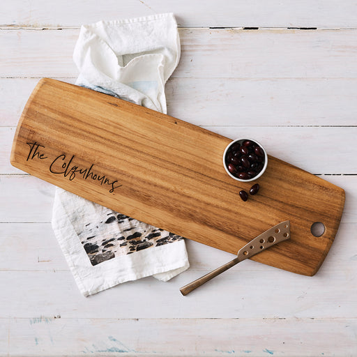 Personalised 62cm Acacia Wood tapas serving board, engraved for engagement, wedding, or anniversary gifts.