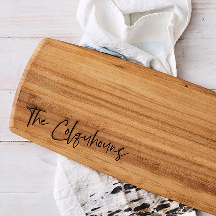 Personalised 62cm Acacia Wood serving board with engraving, a perfect gift for engagements, weddings, or anniversaries."