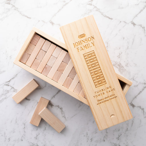 Personalised wooden tumbling tower game with engraved storage box