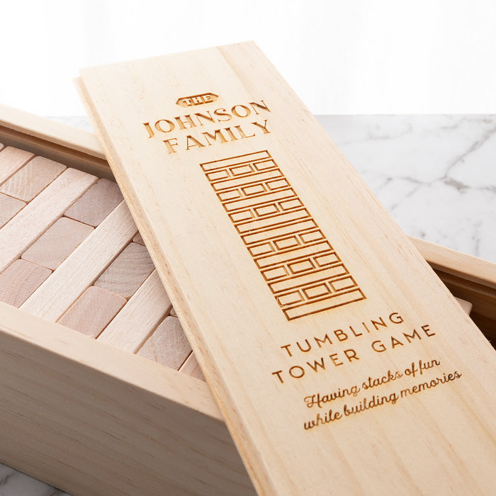 Custom family tumbling tower set with 48 natural wooden blocks
