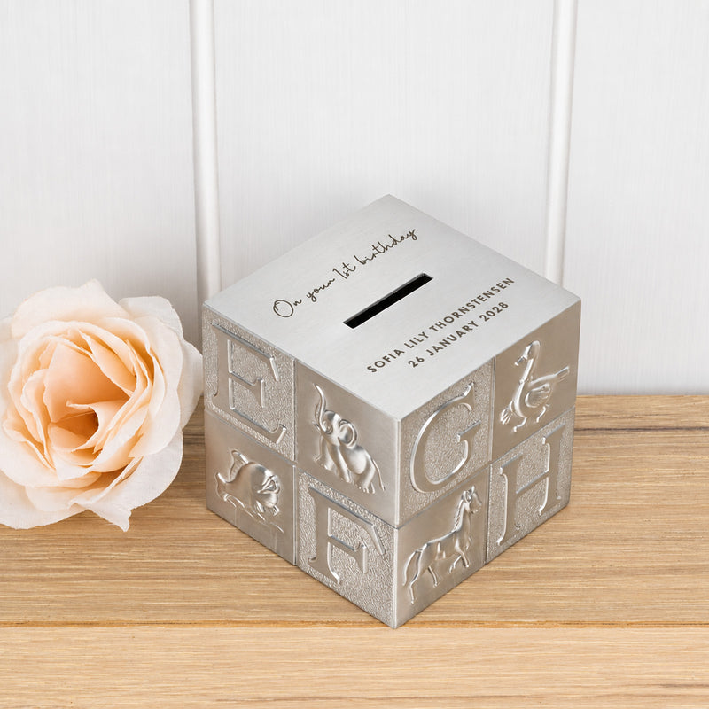 Personalised brushed silver birthday money box with name, birth date and special message