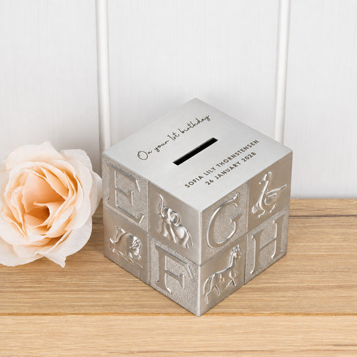 Personalised brushed silver birthday money box with name, birth date and special message